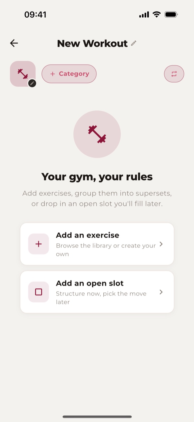 The Stryv workout builder, ready for a first exercise